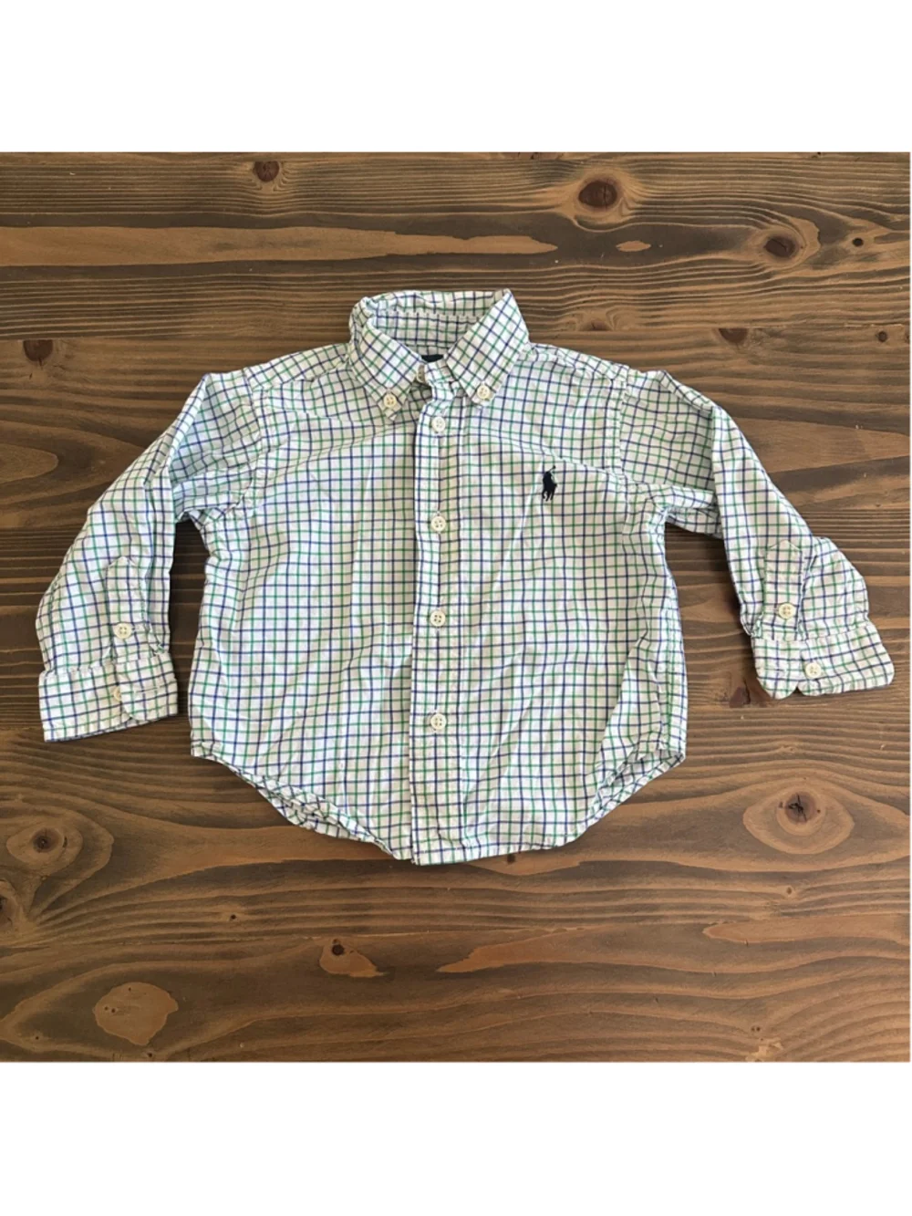 Ralph Lauren Baby Plaid Button Down Shirt 12M Blue Green Pony Logo